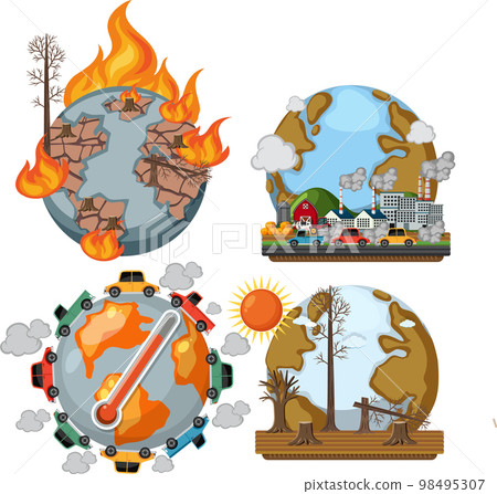 Set of earth with global warming crisis Set of earth with global warming crisis 98495307