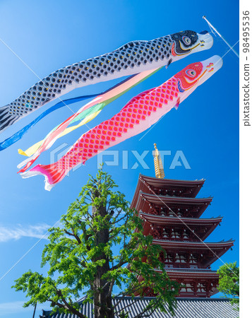 Asakusa, Tokyo, April Five-storied pagoda and carp streamers at Senso-ji Temple Asakusa, Tokyo, April Five-storied pagoda and carp streamers at Senso-ji Temple 98495536