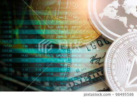 Modern way of exchange. Bitcoin is convenient payment in global economy market. Virtual digital currency and financial investment trade concept. Abstract cryptocurrency with gold bitcoin background.. Modern way of exchange. Bitcoin is convenient payment in global economy market. Virtual digital currency and financial investment trade concept. Abstract cryptocurrency with gold bitcoin background.. 98495586