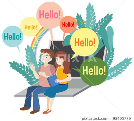 A couple with bubble speech greeting 98495779