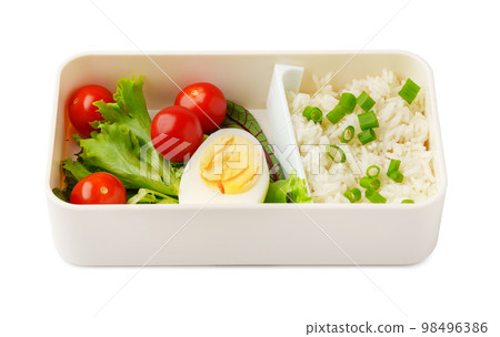 Healthy food delivery in take away box isolated on white background Healthy food delivery in take away box isolated on white background 98496386