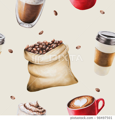 Watercolor seamless pattern with coffee cups and coffee beens. Latte, espresso, americano, mocha. Hand painting on isolated background. For designers, menu, shop, bar, bistro, restaurant, for 98497501
