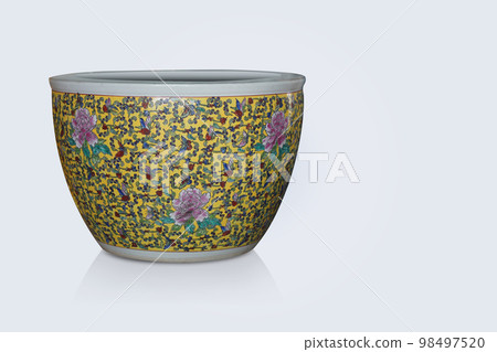 antique yellow and white ceramic large pot on white background, object, decor, modern, gift, copy space 98497520