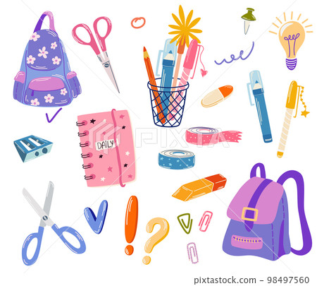 School supplies set. Back to school. Hand draw School equipment icons. Vector cartoon illustration in a flat style on a white background. All objects are isolated School supplies set. Back to school. Hand draw School equipment icons. Vector cartoon illustration in a flat style on a white background. All objects are isolated 98497560