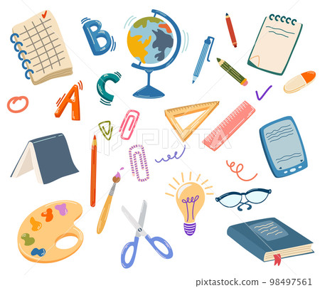 School supplies. Back to school. Big set of hand draw school items. Books, pencils, pens, notebooks, erasers, paper, clips, globe, backpack. Study. Vector illustration 98497561