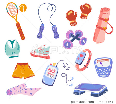 Sport equipment set. Different Fitness inventory, gym accessories. Healthy lifestyle concept. Hand drawn modern Vector illustrations isolated on the white background. Sport equipment set. Different Fitness inventory, gym accessories. Healthy lifestyle concept. Hand drawn modern Vector illustrations isolated on the white background. 98497564