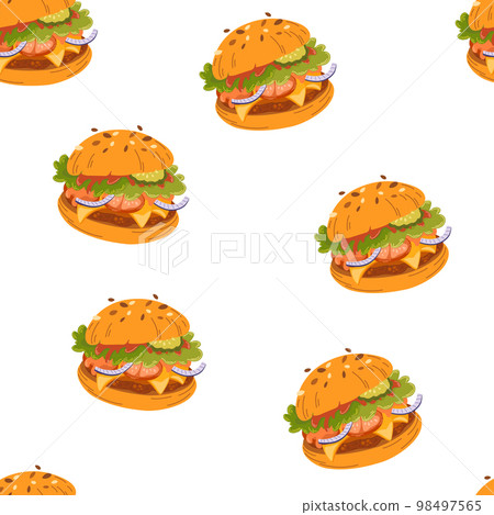 Hamburger seamless pattern. Meat background. Perfect for printing, cafe, menus and restaurants, textiles, gift wrapping paper. Hand drawn vector illustration Hamburger seamless pattern. Meat background. Perfect for printing, cafe, menus and restaurants, textiles, gift wrapping paper. Hand drawn vector illustration 98497565