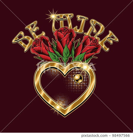 Label with golden heart, bouquet of red roses, text Be mine. Vector holiday for wedding, engagement event, Valentines Day, gift decoration. For prints, clothing, t shirt, surface design Label with golden heart, bouquet of red roses, text Be mine. Vector holiday for wedding, engagement event, Valentines Day, gift decoration. For prints, clothing, t shirt, surface design 98497566