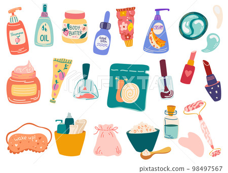 Set of different cosmetics. Organic cosmetics and makeup items in bottles, tubes and jars. Body, hair and skin care products. Hand Drawn Cartoon Vector illustration isolated on white background Set of different cosmetics. Organic cosmetics and makeup items in bottles, tubes and jars. Body, hair and skin care products. Hand Drawn Cartoon Vector illustration isolated on white background 98497567