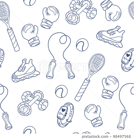 Sports equipment seamless pattern. Fitness items, racket, boxing gloves, sneakers, jump rope, fitness watch and dumbbells. Sports background in linear doodle style. Vector illustration Sports equipment seamless pattern. Fitness items, racket, boxing gloves, sneakers, jump rope, fitness watch and dumbbells. Sports background in linear doodle style. Vector illustration 98497568