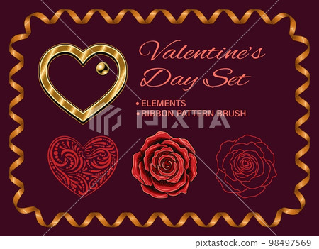 Set of design elements for Valentines day decoration with golden heart, lacy heart, rose flower, spiral ribbon pattern brush. Clip art. For wedding, engagement event, Valentines Day, gift decoration. Set of design elements for Valentines day decoration with golden heart, lacy heart, rose flower, spiral ribbon pattern brush. Clip art. For wedding, engagement event, Valentines Day, gift decoration. 98497569