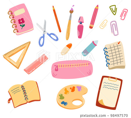School supplies. Back to school. Big set of hand draw school items. Books, pencils, pens, notebooks, erasers, paper, clips, globe, backpack. Study. Vector illustration School supplies. Back to school. Big set of hand draw school items. Books, pencils, pens, notebooks, erasers, paper, clips, globe, backpack. Study. Vector illustration 98497570