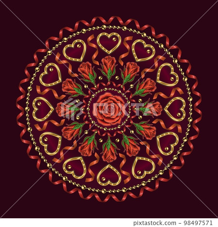 Round pattern with heart, beads, spiral ribbon, streamer, halftone shapes, rose. Vector ornament for wedding, engagement event, Valentines Day, gift decoration, prints, clothing, plate, surface design 98497571