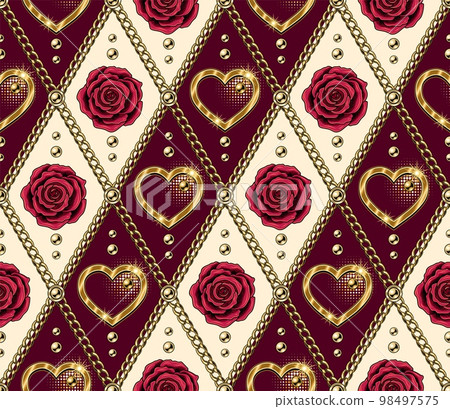 Valentines day seamless geometric background with romantic symbols, gold chains, heart, beads. Diagonal rhombus grid pattern for wedding, engagement event, Valentines Day, gift decoration. Valentines day seamless geometric background with romantic symbols, gold chains, heart, beads. Diagonal rhombus grid pattern for wedding, engagement event, Valentines Day, gift decoration. 98497575