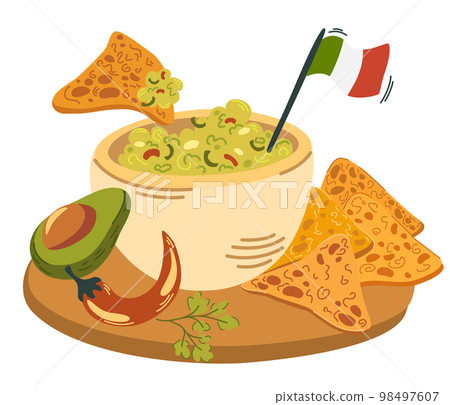 Guacamole. Mexican food guacamole with nachos, avocado, pepper, lime and spices. Delicious, healthy food, snack. Hand Drawn Cartoon Vector illustration. 98497607