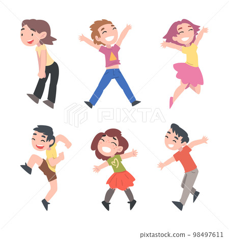 Happy Kids Jumping with Joy and Excitement Rejoicing and Cheering Vector Set 98497611