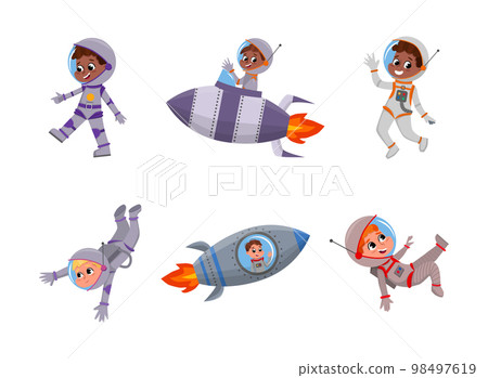 Cute Kid Astronauts in Outer Space Riding Rocket or Spaceship Vector Set Cute Kid Astronauts in Outer Space Riding Rocket or Spaceship Vector Set 98497619