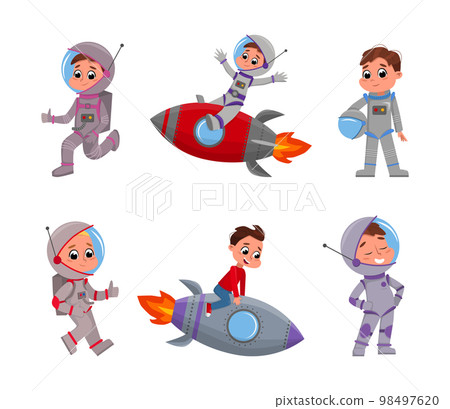 Cute Kid Astronauts in Outer Space Riding Rocket or Spaceship Vector Set Cute Kid Astronauts in Outer Space Riding Rocket or Spaceship Vector Set 98497620