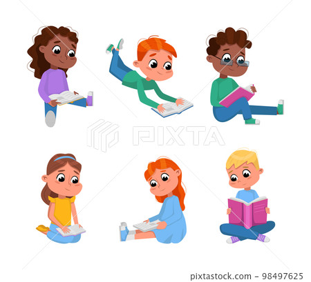 Kids Reading Books And Enjoying Literature Vector Set 98497625