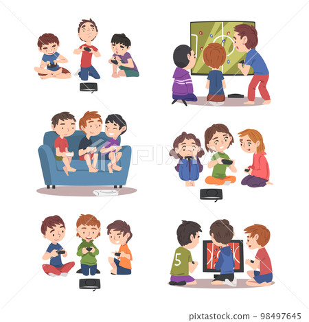 Cute Little Boys and Girl Playing Video Game Together on Console with Gamepad Vector Set Cute Little Boys and Girl Playing Video Game Together on Console with Gamepad Vector Set 98497645