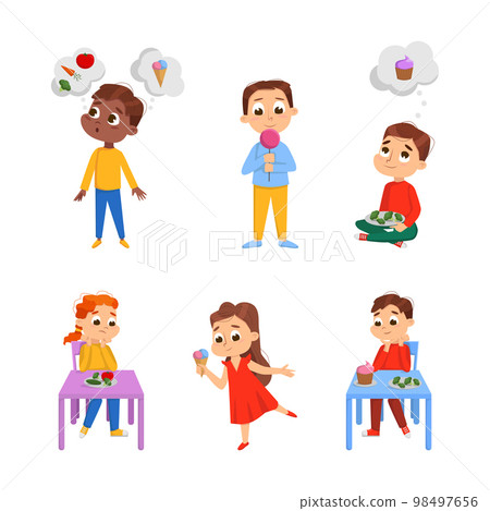Kids Showing Food Likes and Dislikes Eating Healthy and Unhealthy Food Vector Set Kids Showing Food Likes and Dislikes Eating Healthy and Unhealthy Food Vector Set 98497656