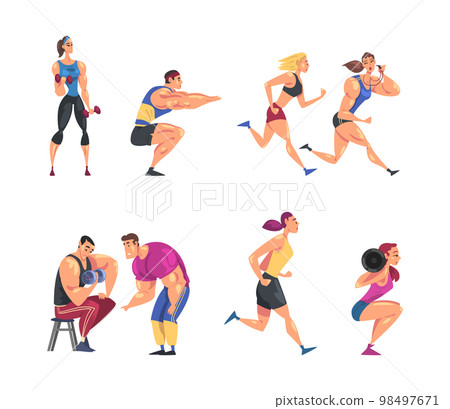 Muscled Man and Woman Sportsman Training in Gym Doing Physical Workout with Their Personal Trainer Vector Set 98497671