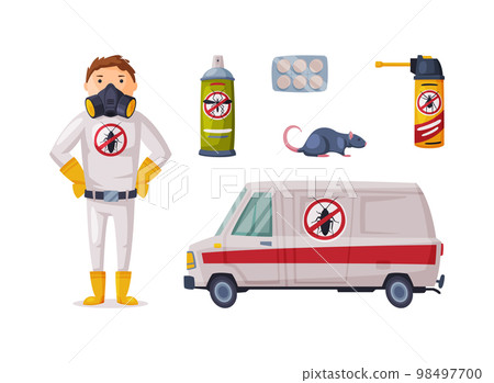 Pest Control and Insect Extermination Service with Chemical Bottle, Van and Man in Uniform Vector Set 98497700