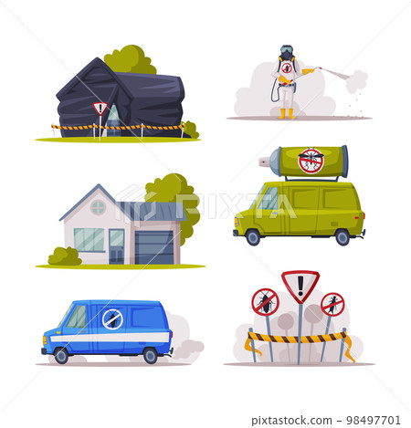 Pest Control and Insect Extermination Service with Man in Uniform, House and Van Vector Set Pest Control and Insect Extermination Service with Man in Uniform, House and Van Vector Set 98497701