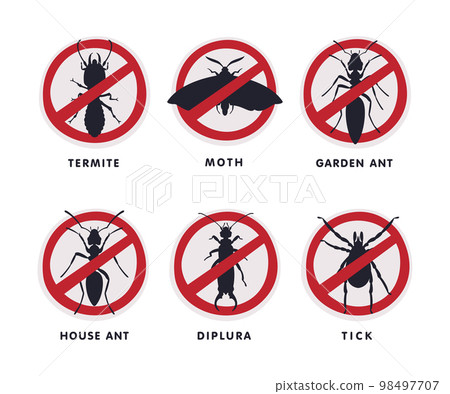 Stop Insect Ban Sign with Red Cross Circle and Bug Inside Vector Set 98497707