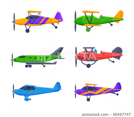 Airplane with Propeller and Wings Side View Vector Set 98497747