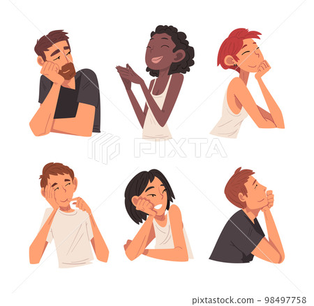 Smiling Man and Woman Character Looking at Someone Demonstrating Attention Vector Set 98497758