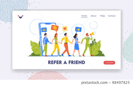 Refer a Friend Landing Page Template. Referral Program Business Concept. Salesman Character Shouting to Megaphone 98497825
