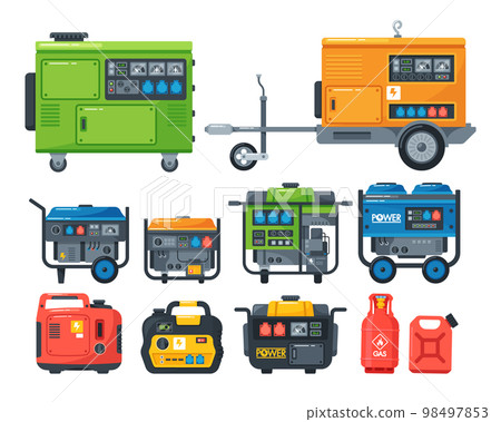 Set Of Stationary, Industrial And Portable Diesel Power Generator. Energy Generating Backup Equipment, Illustration Set Of Stationary, Industrial And Portable Diesel Power Generator. Energy Generating Backup Equipment, Illustration 98497853