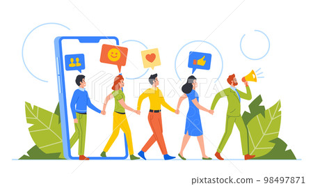 Referral Program Business Concept. Salesman Character Shouting To Megaphone Attracting Audience To Refer Friends 98497871