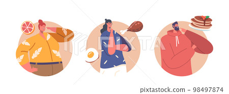 Food Choice Isolated Round Icons Or Avatars. Male And Female Characters Choose Between Different Meals Food Choice Isolated Round Icons Or Avatars. Male And Female Characters Choose Between Different Meals 98497874