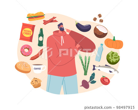 Man Eating Priorities, Food Choice Concept With Male Character Choose Between Healthy And Unhealthy Meals Fastfood Man Eating Priorities, Food Choice Concept With Male Character Choose Between Healthy And Unhealthy Meals Fastfood 98497915