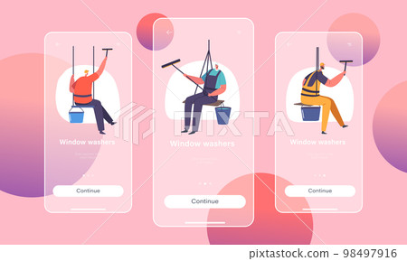 Window Washers Mobile App Page Onboard Screen Template. Characters in Uniform Hang on Ropes with Equipment Window Washers Mobile App Page Onboard Screen Template. Characters in Uniform Hang on Ropes with Equipment 98497916