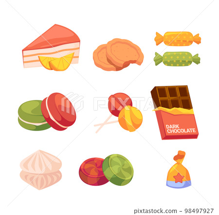Set of Cartoon Sweets and Desserts. Slice of Cake, Cookie, Chocolate and Caramel. Macaroon, Lollipop, Choco Bar Set of Cartoon Sweets and Desserts. Slice of Cake, Cookie, Chocolate and Caramel. Macaroon, Lollipop, Choco Bar 98497927