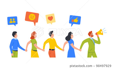 Group of People Holding Hands Following Character Shouting to Megaphone. Referral Program, Refer Friend Business Concept 98497929