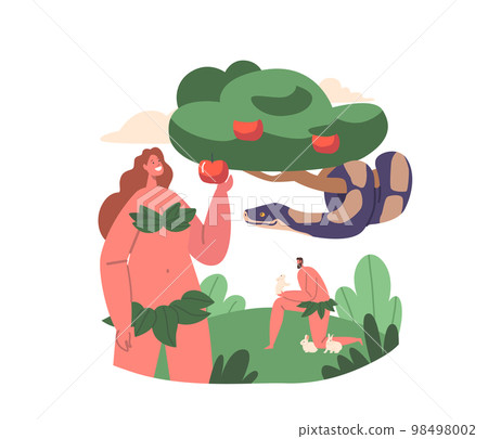 Biblical Story Adam And Eve Lapse From Virtue. Evil Serpent Deceive And Tempt Eve Into Eating Fruit From Forbidden Tree 98498002