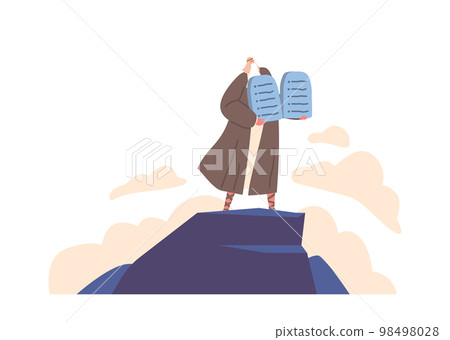 Biblical Stories Concept. Moses Standing On Mountain With Ten Commandments. Prophet Moses Character Vector Illustration Biblical Stories Concept. Moses Standing On Mountain With Ten Commandments. Prophet Moses Character Vector Illustration 98498028