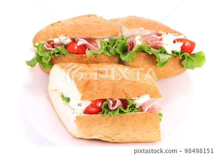 Sandwich French bread uncured ham cream cheese bright background 98498151