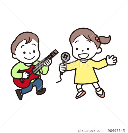 Illustration material of a boy playing the guitar and a girl singing a song 98498345