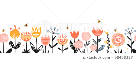 Fairy flowers border in Scandinavian folk style, seamless vector pattern. Repeating doodle flower meadow background with honey bees. Design for fabric, cards, wallpaper, home decor, craft packaging. 98498357