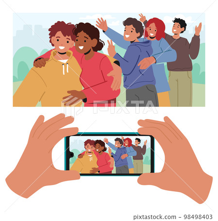 Happy Friends Company Having Fun Making Selfie on Smartphone. Teens Spend Time Together Photographing for Long Memory 98498403