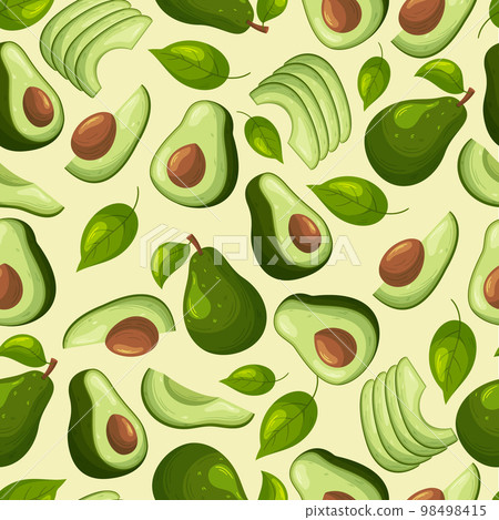 Seamless Pattern with Avocado Fruits. Repeated Background with Whole and Sliced Pieces of Tropical Plant, Green Leaves 98498415