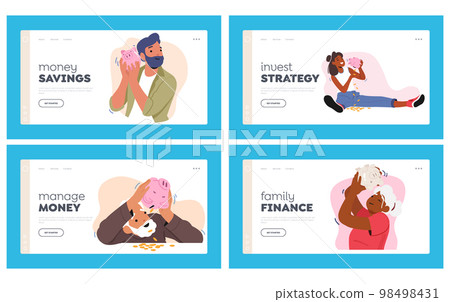 Savings, Budget, Finance Investment Landing Page Template Set. Male and Female Characters Shaking Piggy Bank 98498431