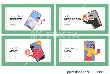 Social Spam Landing Page Template Set. Concept with People Offer Services from Smartphone Screens. Sale, Discount 98498432