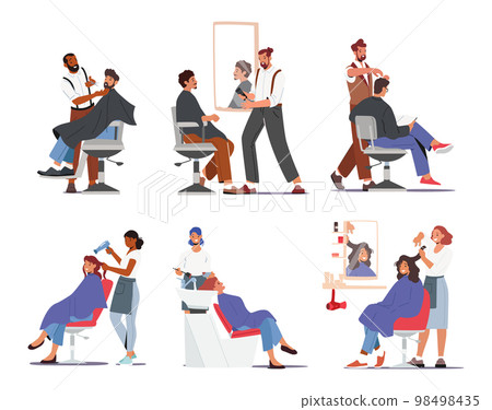 Set Male and Female Characters in Hairdresser Salon. Men and Women Applying Beautician Procedures in Barbershop Set Male and Female Characters in Hairdresser Salon. Men and Women Applying Beautician Procedures in Barbershop 98498435