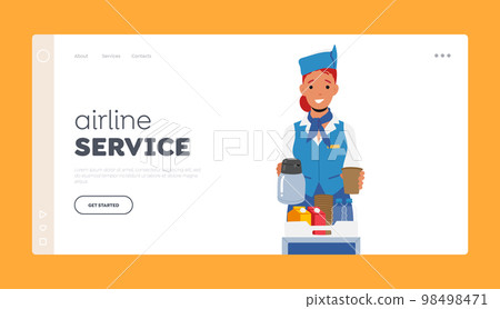 Airline Service Landing Page Template. Stewardess in Uniform with Meals on Tray Serving Passenger. Mealtime in Airplane 98498471